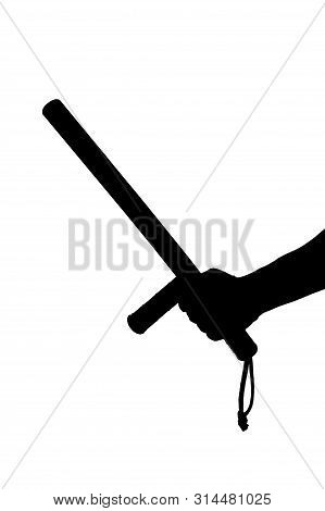 A Black And White Silhouette Of Bare Hand With Rubber Police Baton Isolated On White Background