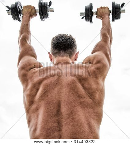 Fitness And Sport Equipment. Healthy Lifestyle. Athletic Body. Dumbbell Gym. Man Sportsman Weightlif