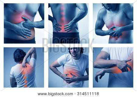 Collage of man suffering from acute pain