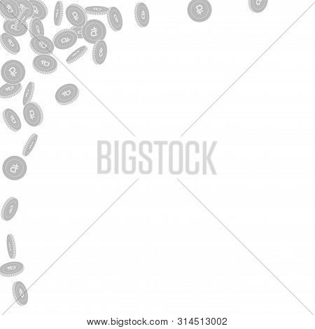 Russian Ruble Coins Falling. Scattered Black And White Rub Small Coins. Jackpot Or Success Concept. 