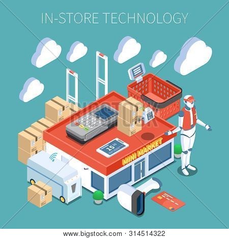Shop Technology Supermarket Of Future Colored Composition With  Surveillance System Flying Inventory
