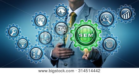 Unrecognizable Marketing Agent Touching Sem App Button In Virtual Gear Train. Business And Technolog