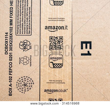 Paris, France - Jan 29, 2019: View From Above At The Amazon Prime Cardboard Box With Amazon.it Itali