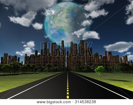 Night roadway to future city. Terraformed moon in the sky. 3D rendering
