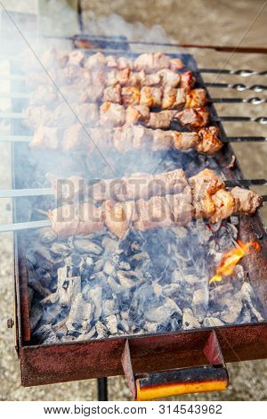 Closeup Macro Of Raw Roasted Marinated Meat Barbecue Shish Kebab Shashlik On Steel Metal Skewers Lyi