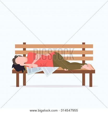 Poor Man Sleeping Outdoor Drunk Beggar Lying On Wooden Bench Homeless Jobless Concept White Backgrou