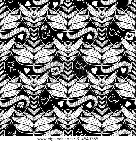 Ethnic Style Ornamental Abstract Cats Seamless Pattern. Vector Black And White Patterned Kittens Bac