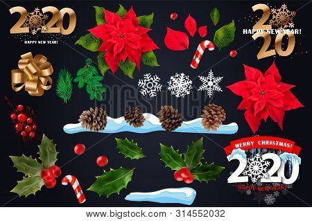 Christmas Decorations. Holly, Spruce, Red Berries, Christmas Bauble, Conifer Cone. Set Realistic Chr