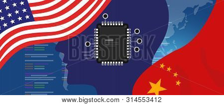 Artificial Intelligence Ai Neuralink Chip Digital Neural Engine. China And Usa Relations Concept. Fl