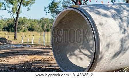 Large Concrete Culvert Ready To Be Buried As Water Reticulation On An Australian Highway To Allow Wa