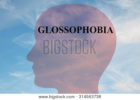 Render Illustration Of Glossophobia Title On Head Silhouette, With Cloudy Sky As A Background.