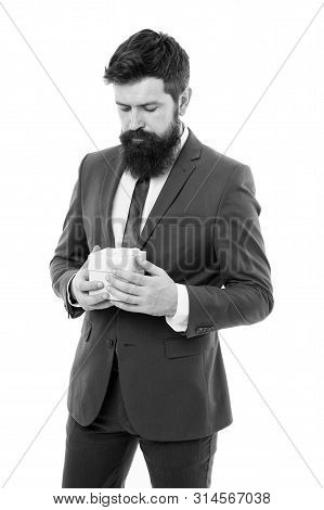 Gift For Client. Customer Oriented Business. Man Formal Clothes Hold Gift Box White Background. Than