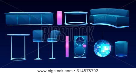 Furniture For Night Club Or Bar Isolated On Dark Background, Counter Desk, Table, Couch, Sofa, High 