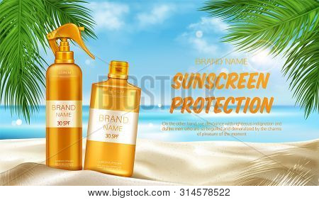 Sunscreen Protection Cosmetic, Mock Up Banner, Summer Uv Block Gun Sprayer Cream Tubes Stand On Sand
