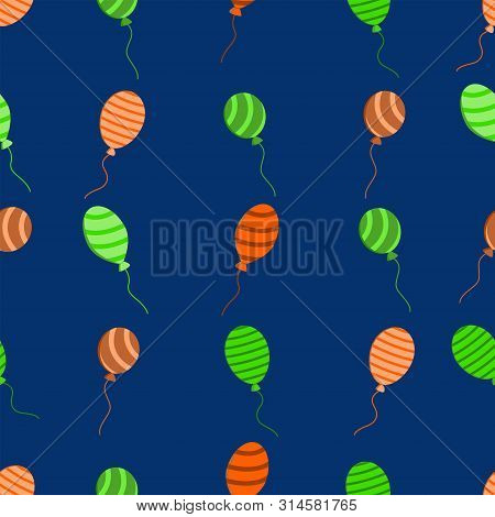 Seamless Pattern On Blue Background With Striped Inflatable Balls, Vector Illustration