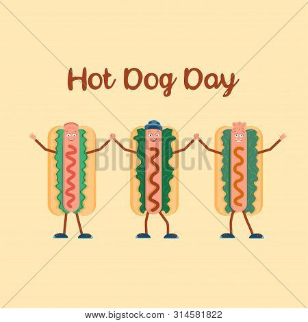 Three Funny Hot Dogs Hold Hands On A White Background, Vector Illustration
