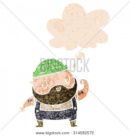 cartoon dock worker with thought bubble in grunge distressed retro textured style