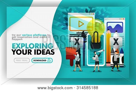 Vector Illustration . Green Web Banner About Exploring Your Idea. People Walking Around Stationery A