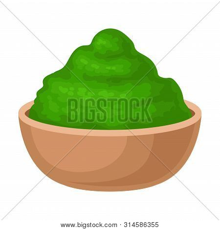 Brown Bowl Full Of Green Powder. Vector Illustration On White Background.