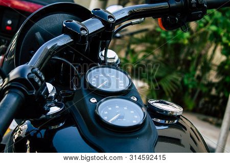 Tel Aviv Israel July 29, 2019 View Of A Harley Davidson Screamin Eagle 110 Parked In The Street In T