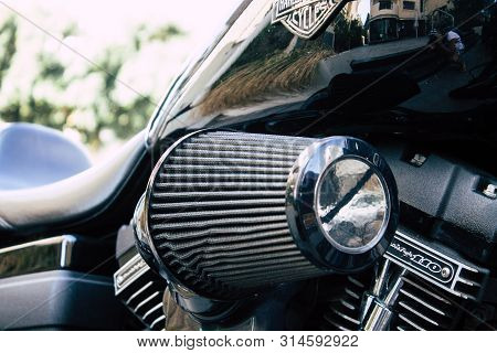 Tel Aviv Israel July 29, 2019 View Of A Harley Davidson Screamin Eagle 110 Parked In The Street In T