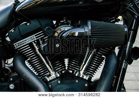 Tel Aviv Israel July 29, 2019 View Of A Harley Davidson Screamin Eagle 110 Parked In The Street In T