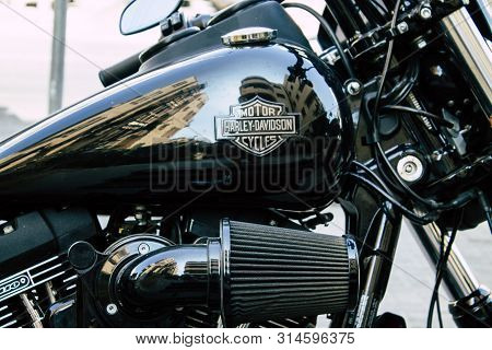 Tel Aviv Israel July 29, 2019 View Of A Harley Davidson Screamin Eagle 110 Parked In The Street In T