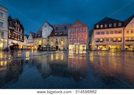 Reutlingen, Germany. Marktplatz - Main Square Of Old Town At Dusk