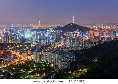 Aerial View Of Seoul City At Night,south Korea.