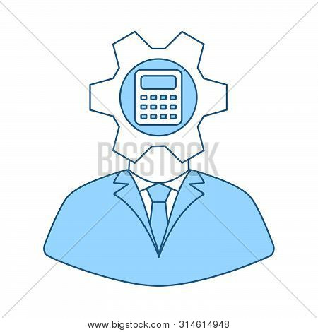 Analyst With Gear Hed And Calculator Inside Icon. Thin Line With Blue Fill Design. Vector Illustrati