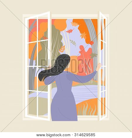 Young Woman Opening The Window With A Beautiful View Of The Autumn Park. Leaf Fall Illustration Vect
