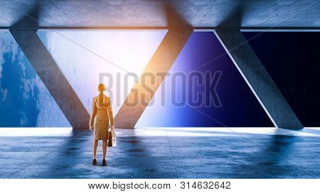Businesswoma in office interior. Mixed media