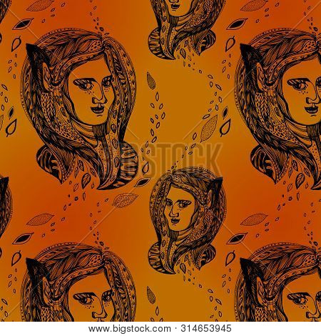 Woman Head , Cute Girl Portrait Seamless Vector Pattern. Space Buns, Braided Hairs, Braids. Hand Dra