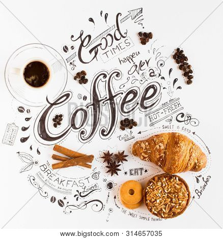 Hand Drawn Breakfast Lettering Typography with classic Phrases in a vintage composition with real cakes