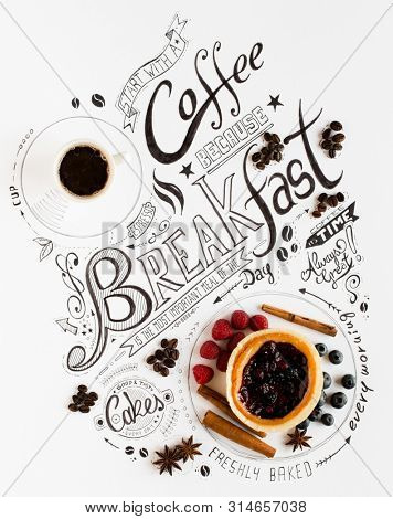 Hand Drawn Breakfast Lettering Typography with classic Phrases in a vintage composition with real cakes