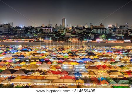 Aerial view of Talad Rod Fai night market in Bangkok, Thailand