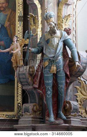KLOSTAR IVANIC, CROATIA - SEPTEMBER 25, 2011: Saint Ladislaus I of Hungary, statue on the altar of the Holy Three Kings in the Church of the Assumption of the Virgin Mary in Klostar Ivanic, Croatia