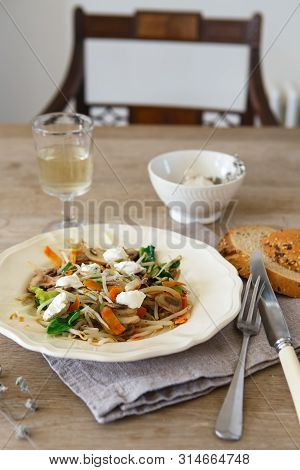 Mixed Vegetable Stir Fry With Mushrooms And Cottage Cream Cheese. Tender Mushroom Stir Fry Served In