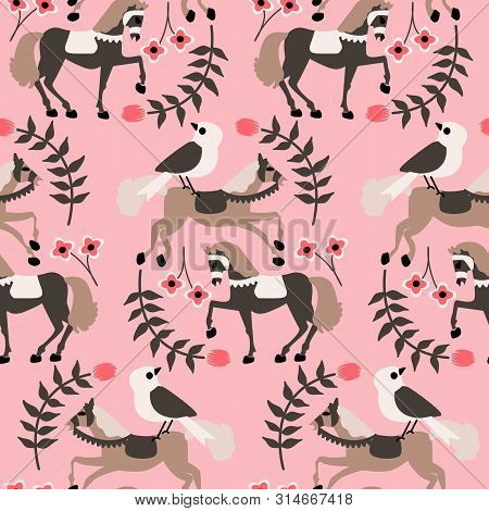 Pretty Horses And Birds In A Folk Art Seamless Pattern