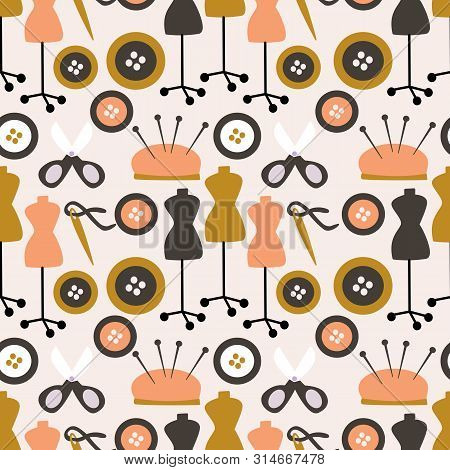Tailor Elements In A Folk Art Composition, Seamless Pattern