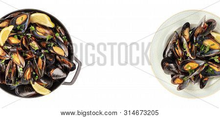 Mussels Design. Boiled Mussels In A Pan And On A Plate, Isolated On A White Background With A Place 