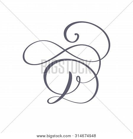 Vector Hand Drawn Calligraphic Floral D Monogram Or Logo. Uppercase Hand Lettering Letter D With Swi