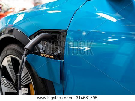 Cracow, Poland - May 18, 2019: Plug-in System Of The Audi E-tron Electric Automobile  Displayed At M