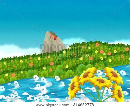 Cartoon Scene With Stream Or River Near Some Jungle And Active Volcano With Nobody On The Stage - Il