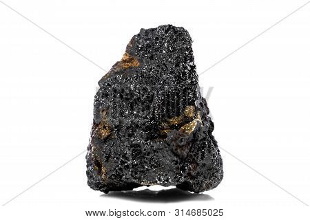 Raw And Unrefined Manganese Ore In Front Of White Isolated Background, Geology And Mining