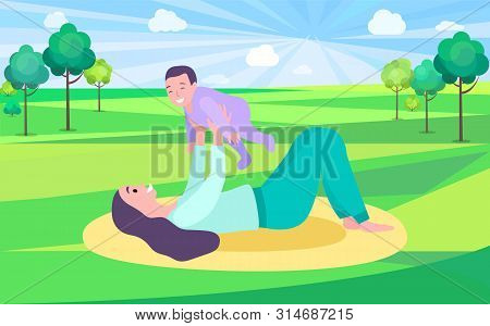 Woman Holding Baby, Mother Playing With Child In Park On Mat, Parent And Kid On Grass Outdoor, Smili