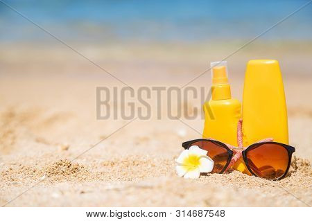 Sunblock On The Beach. Sun Protection. Selective Focus.