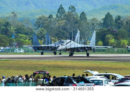 Langkawi, Malaysia - Mar 30, 2019. Royal Malaysian Air Force Sukhoi Su-30 Mkm Commencing Take-off Ru