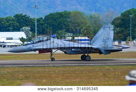 Langkawi, Malaysia - Mar 30, 2019. Royal Malaysian Air Force Sukhoi Su-30 Mkm Commencing Take-off Ru