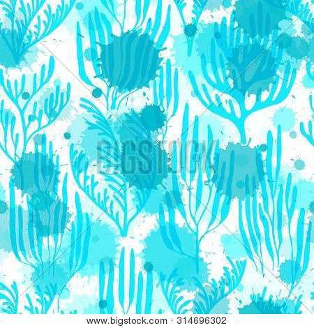 Ocean Corals Seamless Pattern. Paint Splashes Drops Watercolor Background. Sea Reef Nature Pattern. 